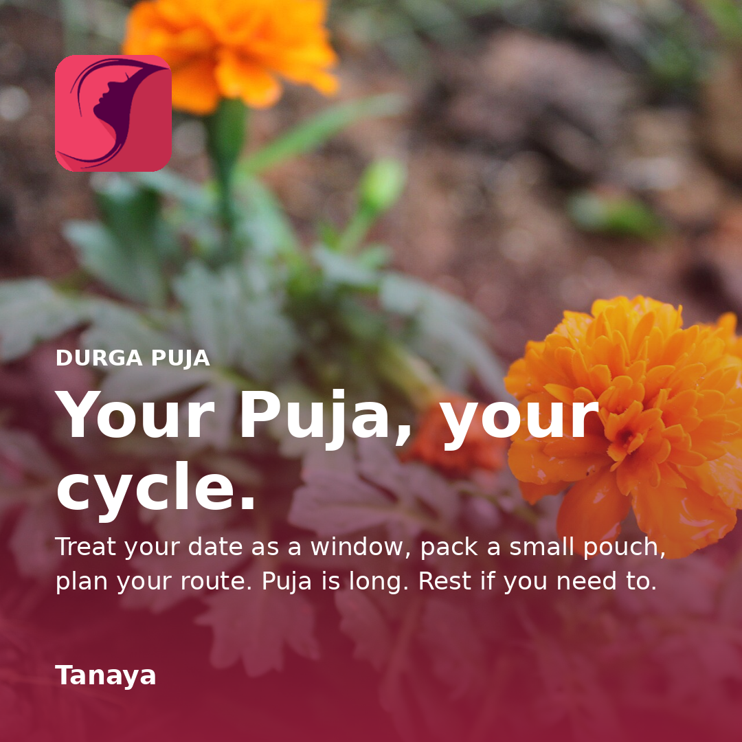 Marigold flowers in warm rose light, with the title Your Puja, your cycle