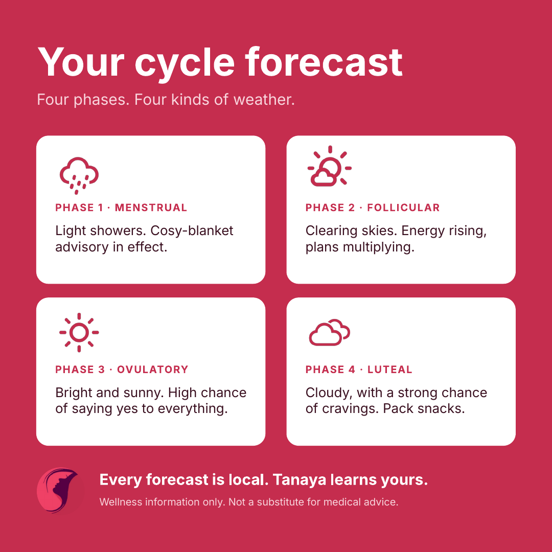 Four weather cards describing the four phases of the menstrual cycle
